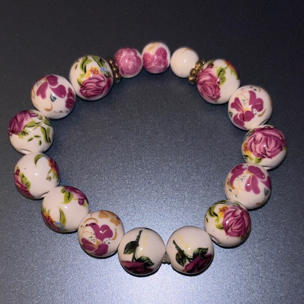 Floral Pink Porcelain Bead Stretch Bracelet - Women Jewelry